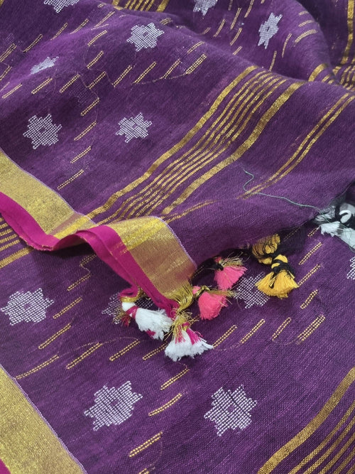 Deep purple Jamdani linen suit fabric – close-up of handwoven silver and gold star pattern