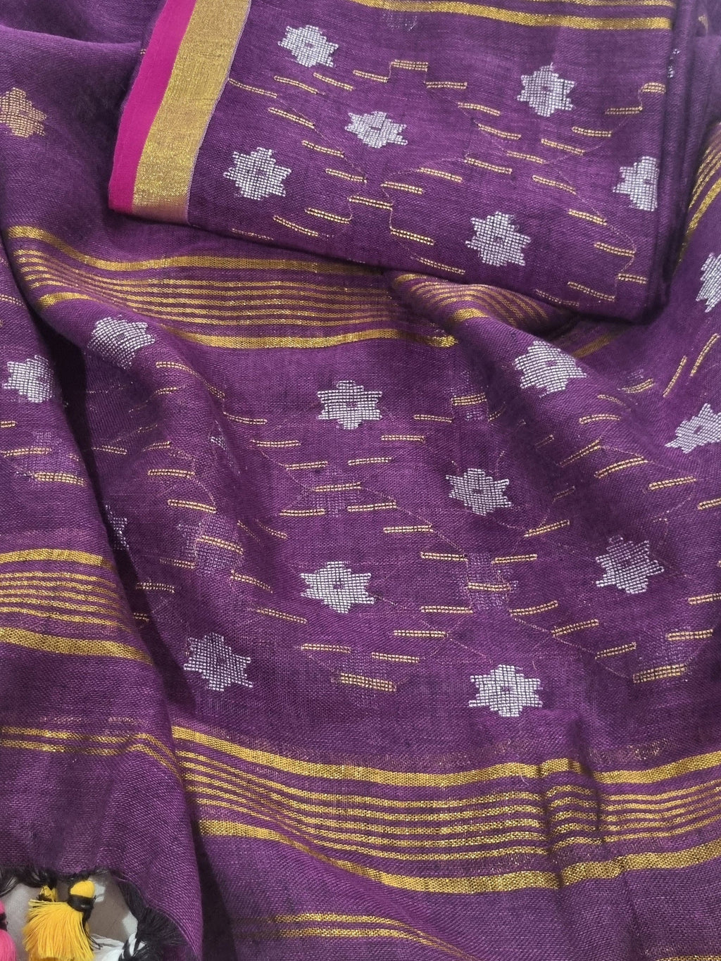 Indian handloom Jamdani 2-pc suit set in deep purple – top and dupatta with silver gold star motifs