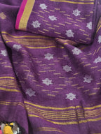 Indian handloom Jamdani 2-pc suit set in deep purple – top and dupatta with silver gold star motifs