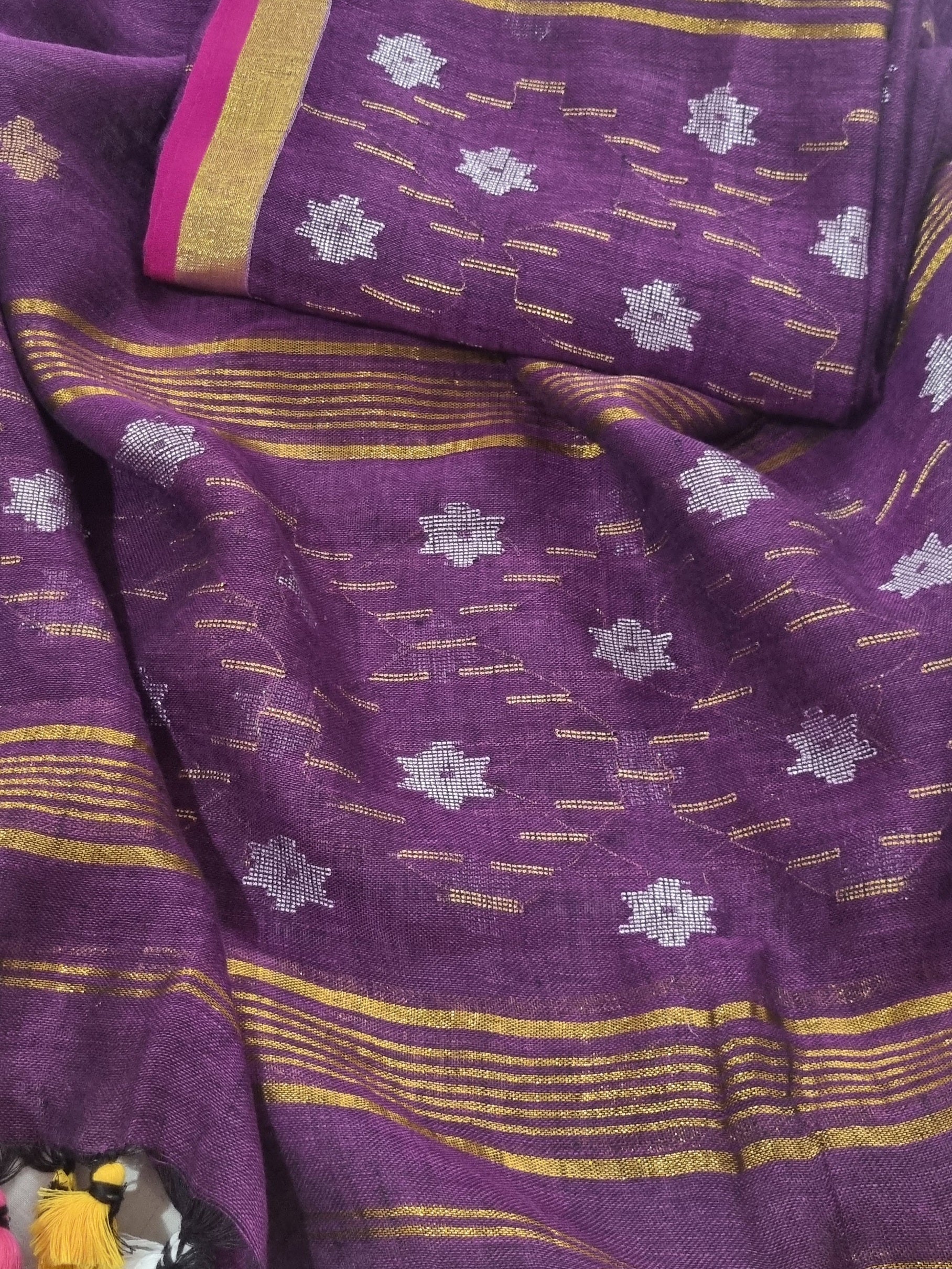 Indian handloom Jamdani 2-pc suit set in deep purple – top and dupatta with silver gold star motifs
