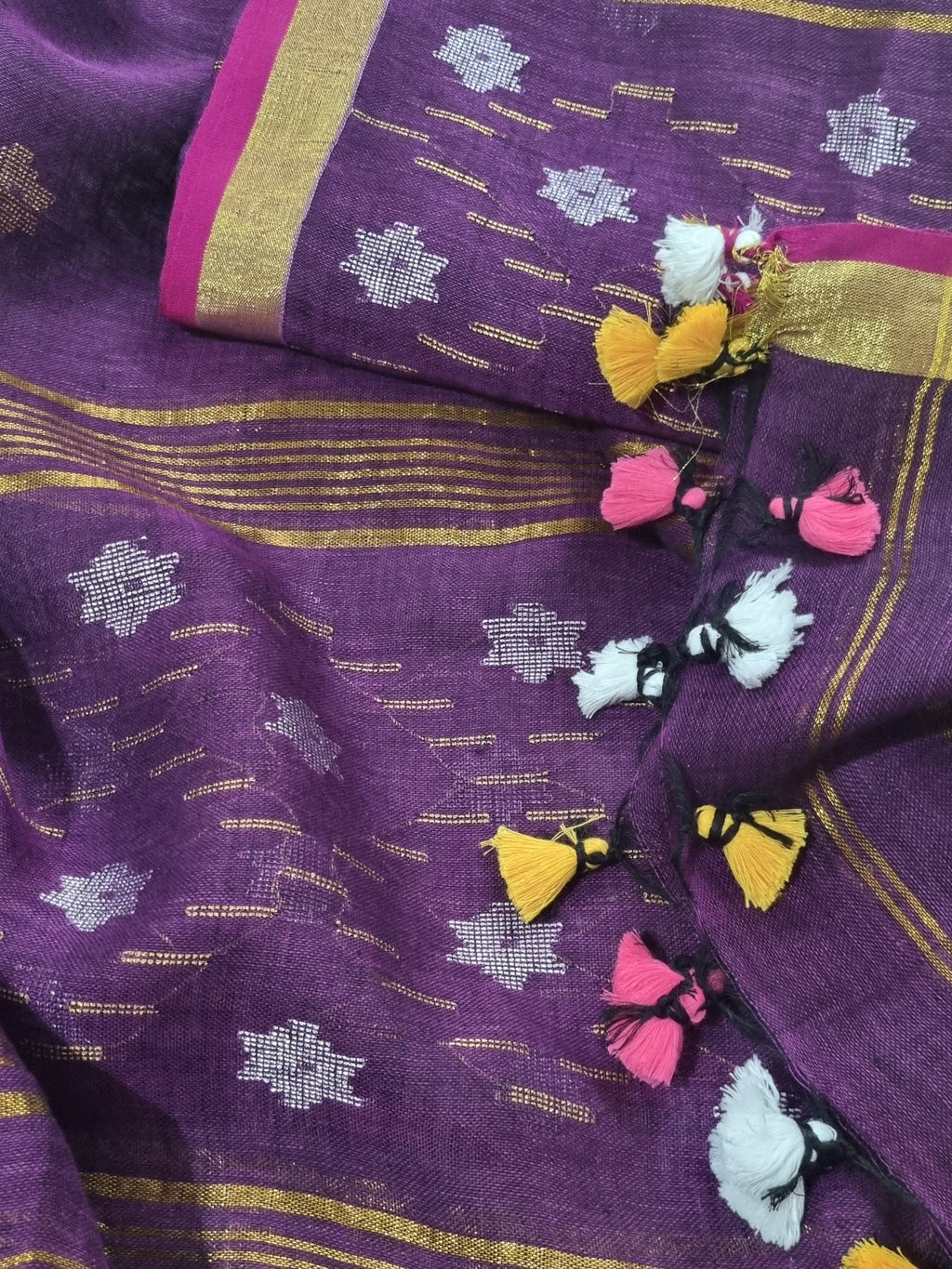 60 Lea Linen Jamdani unstitched suit in deep purple – silver and gold metallic star weave detail