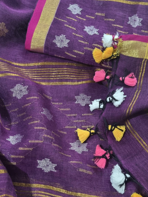 60 Lea Linen Jamdani unstitched suit in deep purple – silver and gold metallic star weave detail