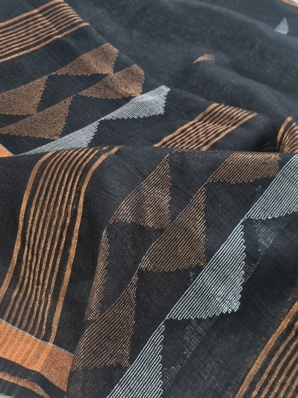 60 Lea linen unstitched suit material in black – close-up of inverted triangle Zari motifs, pure Indian handloom