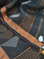 Black 60 Lea linen Kurta Dupatta fabric – all-over inverted triangle Zari motifs, handloom unstitched suit material