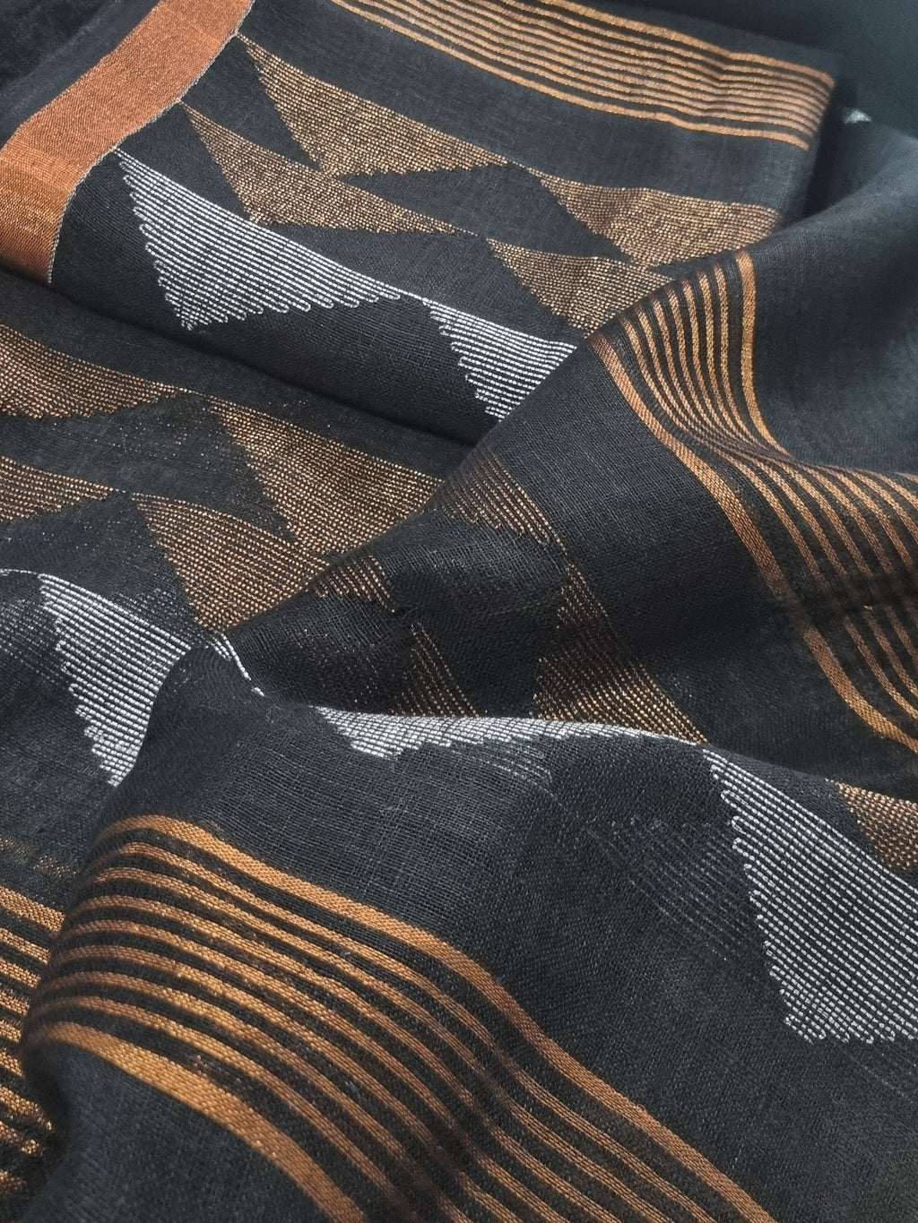 Black handloom linen suit fabric with geometric inverted triangle woven motifs – Kurta Dupatta set, unstitched