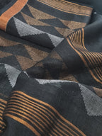 Black handloom linen suit fabric with geometric inverted triangle woven motifs – Kurta Dupatta set, unstitched