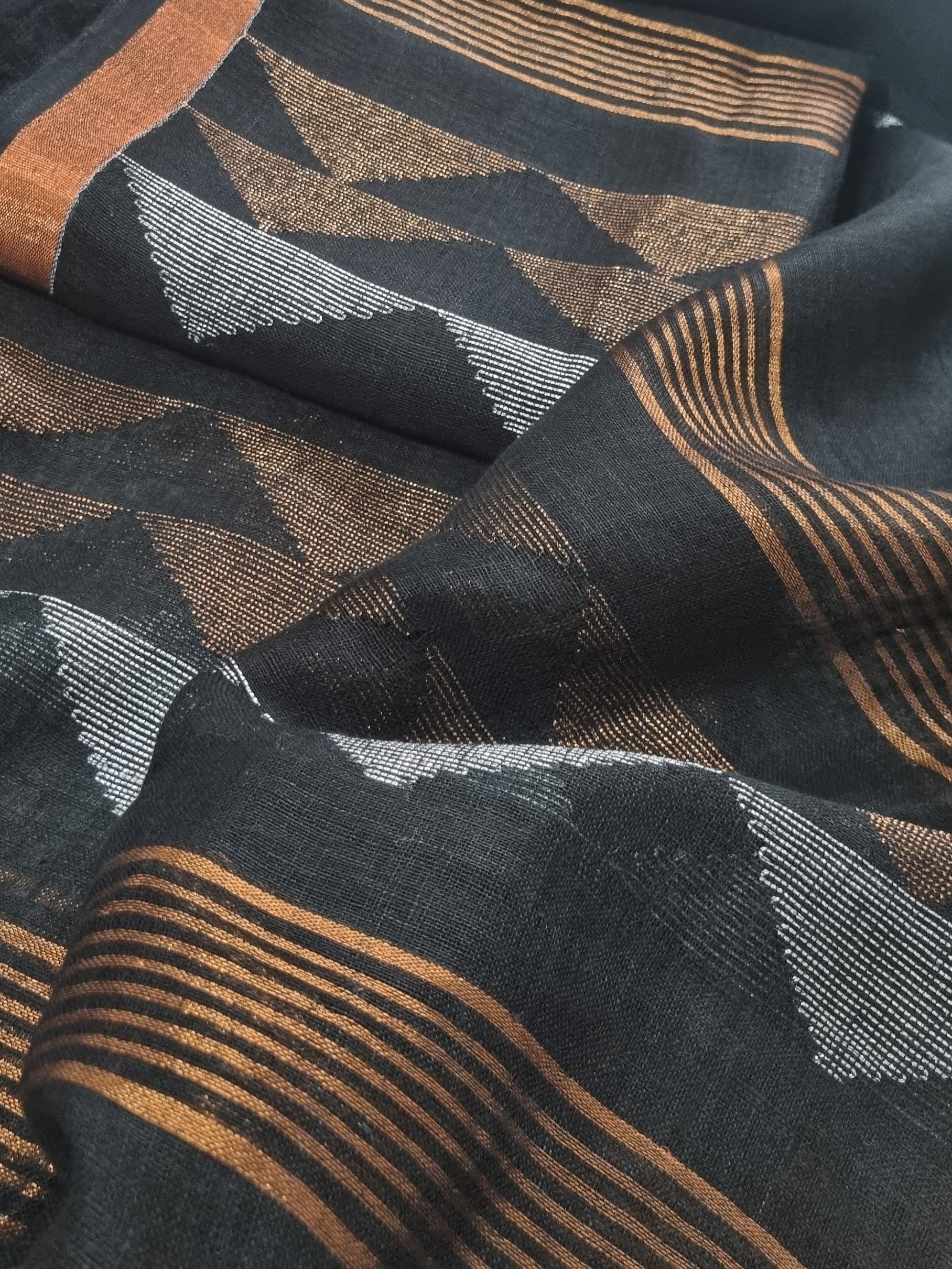 Black handloom linen suit fabric with geometric inverted triangle woven motifs – Kurta Dupatta set, unstitched