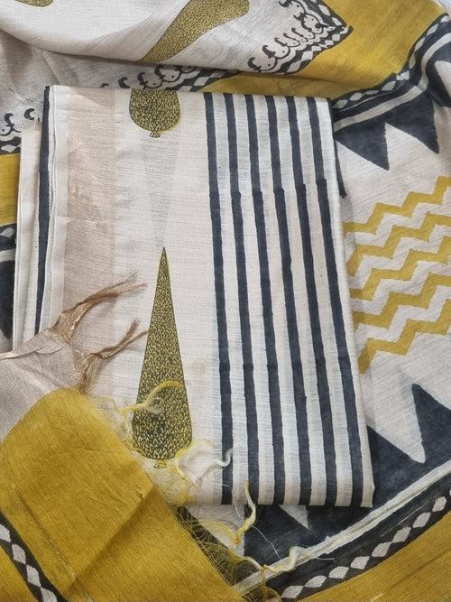 Beige Black and Yellow Block Print 2-Piece Unstitched Suit – Full Length View