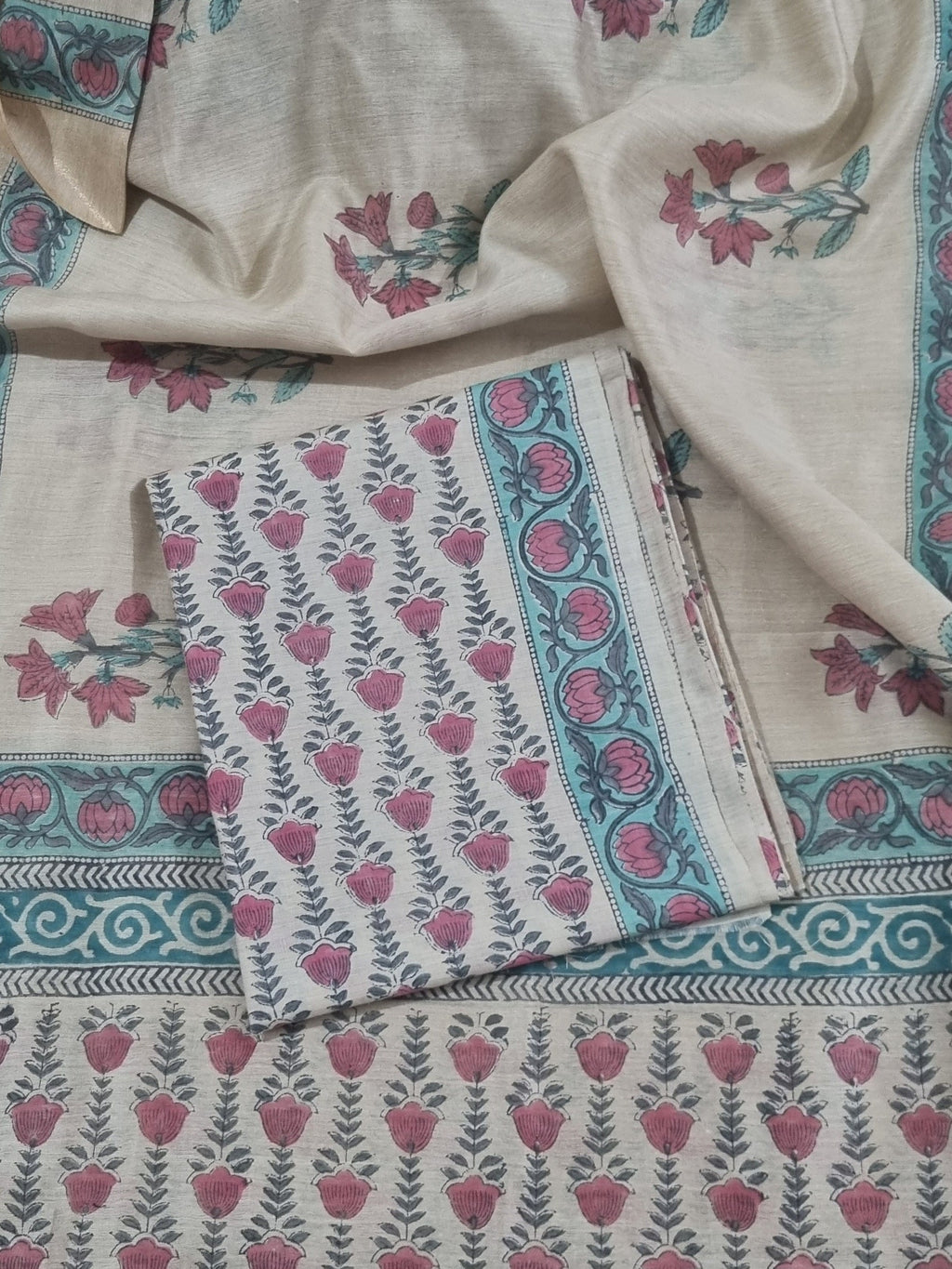 Munga silk block print 2-piece unstitched suit – beige and red ethnic wear