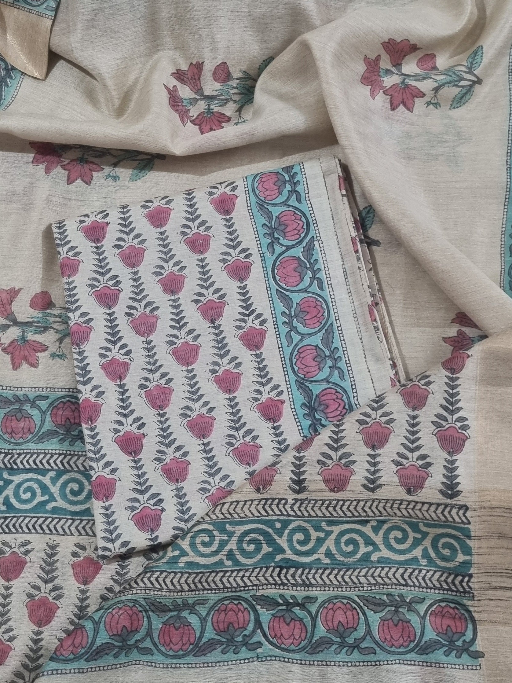 Grey and red block print Munga silk suit fabric – Indian handloom unstitched