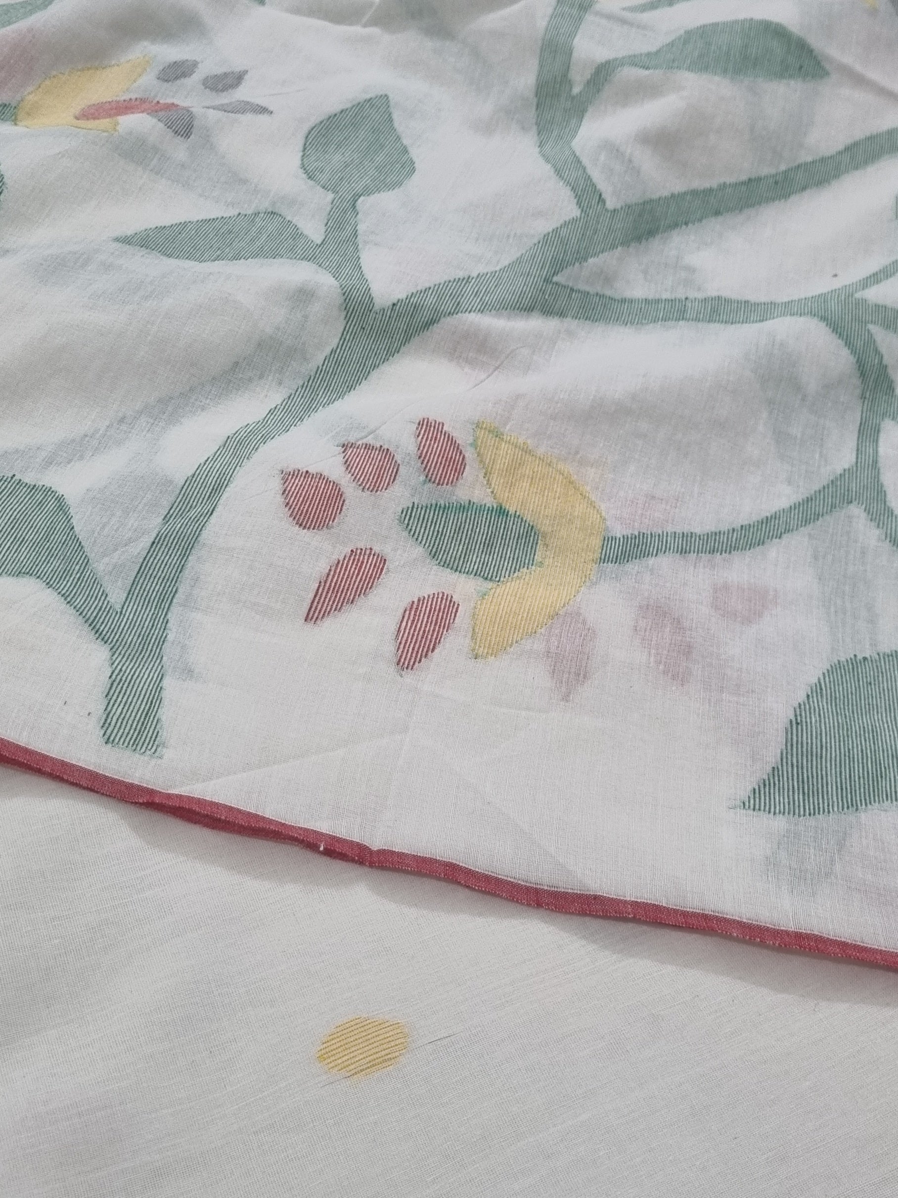 Bengal Jamdani Unstitched Set – White & Multicolor Polka Dot Fabric Detail