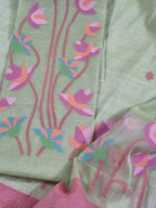 Handwoven Bengal Muslin Jamdani Suit Fabric | Soft Mint Green & Multicolor Floral | 2-Pc Unstitched Set | Indian Handloom