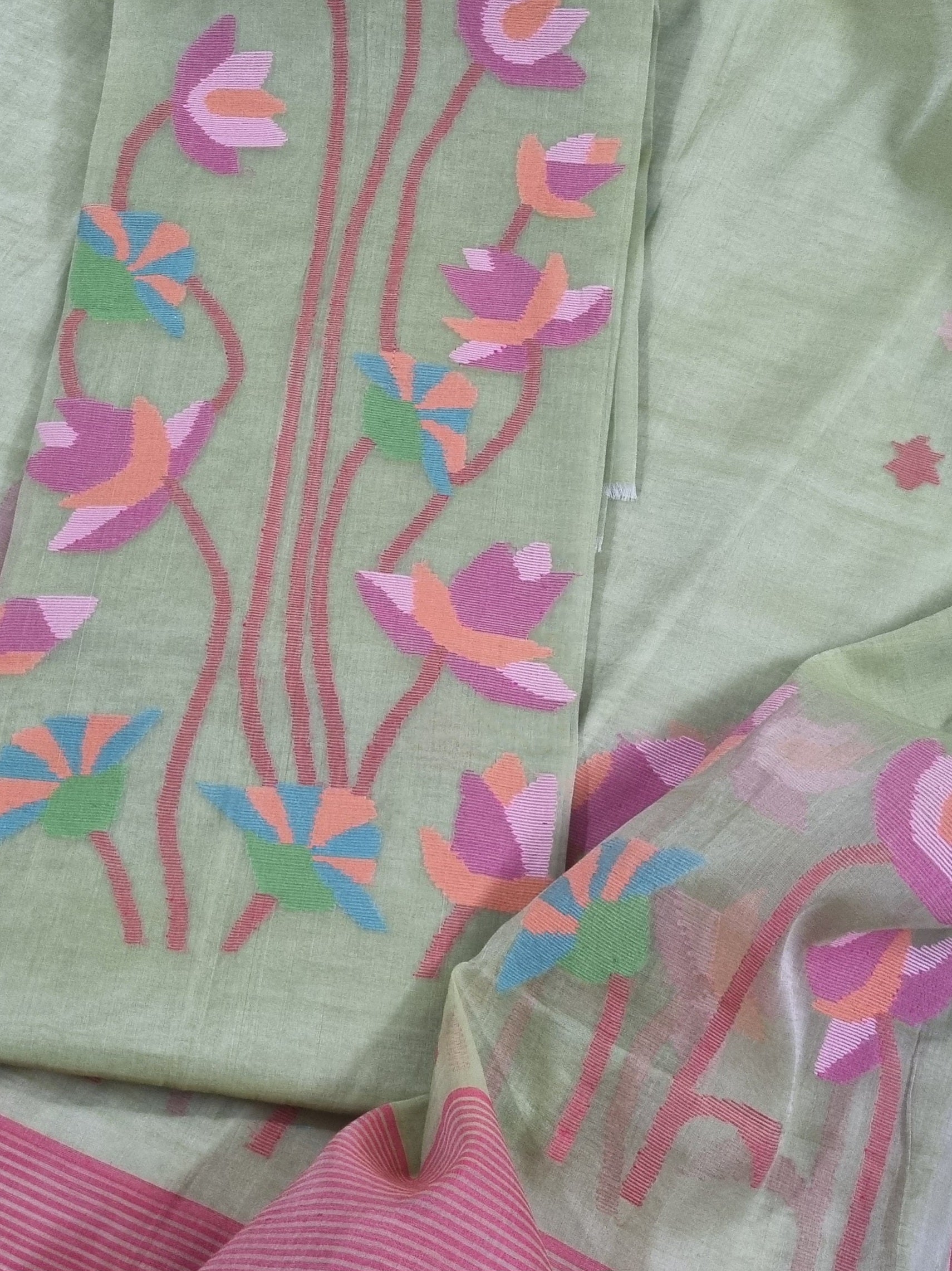 Handwoven Bengal Muslin Jamdani Suit Fabric | Soft Mint Green & Multicolor Floral | 2-Pc Unstitched Set | Indian Handloom