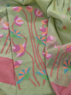 Handwoven Bengal Muslin Jamdani Suit Fabric | Soft Mint Green & Multicolor Floral | 2-Pc Unstitched Set | Indian Handloom