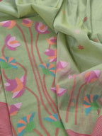 Handwoven Bengal Muslin Jamdani Suit Fabric | Soft Mint Green & Multicolor Floral | 2-Pc Unstitched Set | Indian Handloom