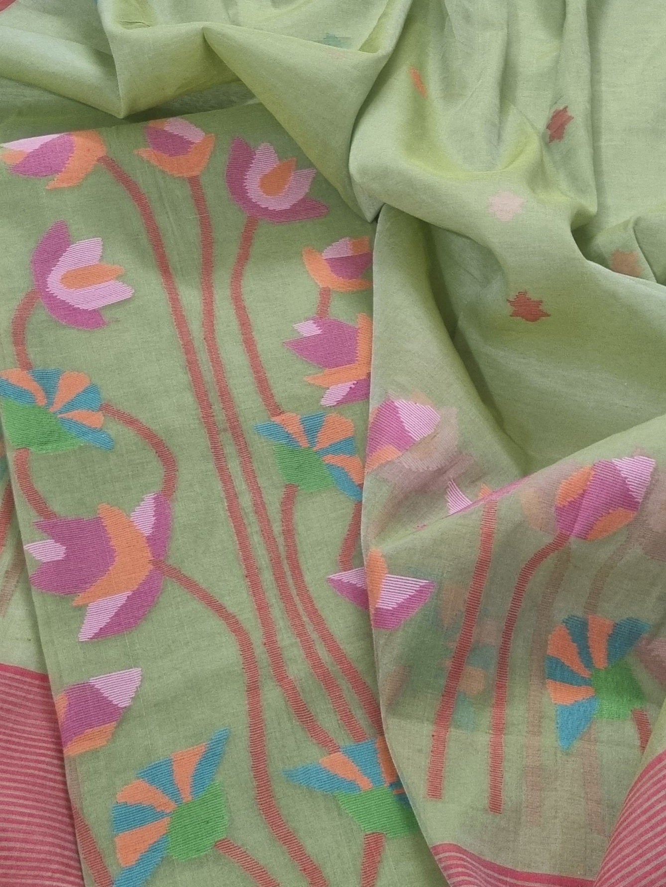 Handwoven Bengal Muslin Jamdani Suit Fabric | Soft Mint Green & Multicolor Floral | 2-Pc Unstitched Set | Indian Handloom