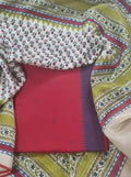 Indian handloom 3-piece unstitched suit set – red and blue Chanderi silk dupatta detail