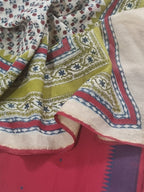 Red and blue handloom cotton suit set with Chanderi silk dupatta – fabric drape view