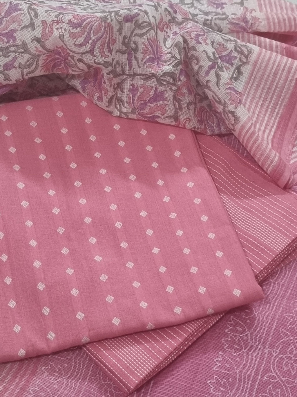 Pink and white Indian handloom unstitched suit set with Kota Doria dupatta – detail shot
