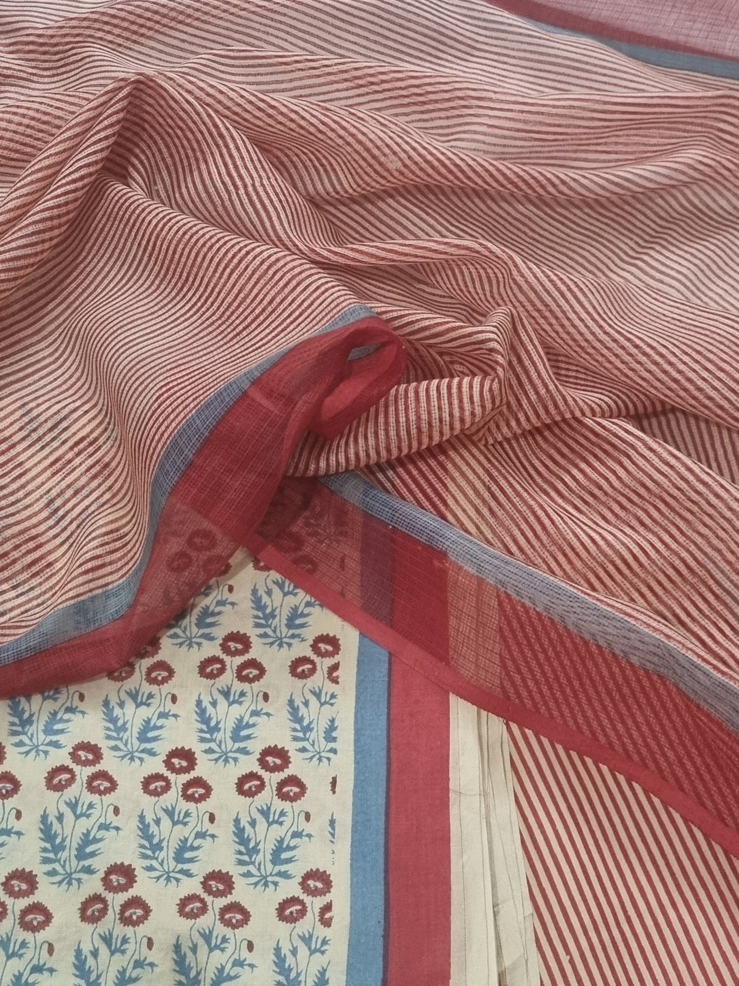 Beige Cotton Unstitched Suit with Block Printed Kota Doria Dupatta – Close View