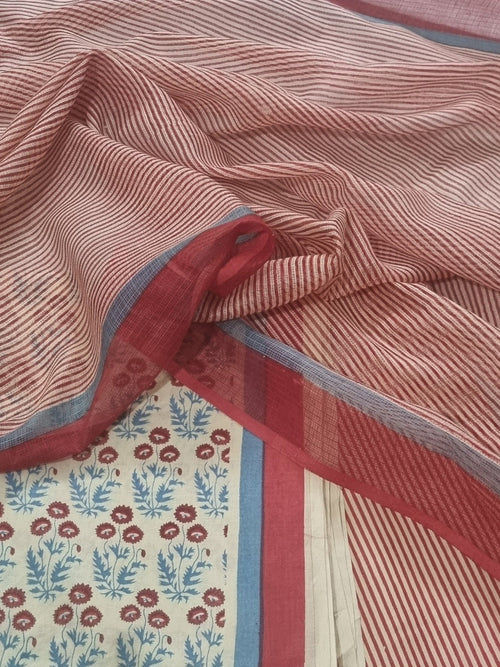 Beige Cotton Unstitched Suit with Block Printed Kota Doria Dupatta – Close View
