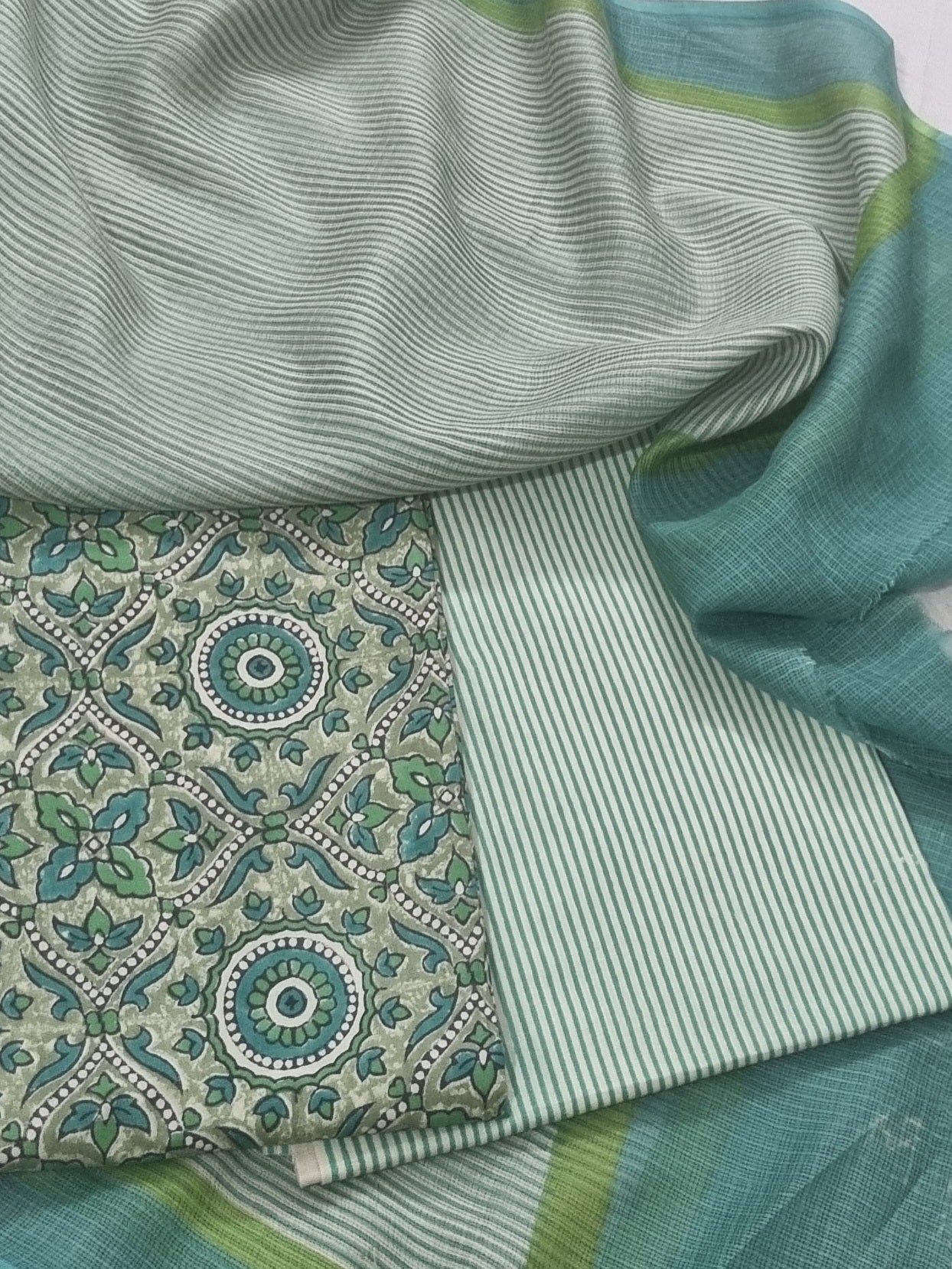 Hues of green cotton block print kurta fabric – 3-piece unstitched suit set detail