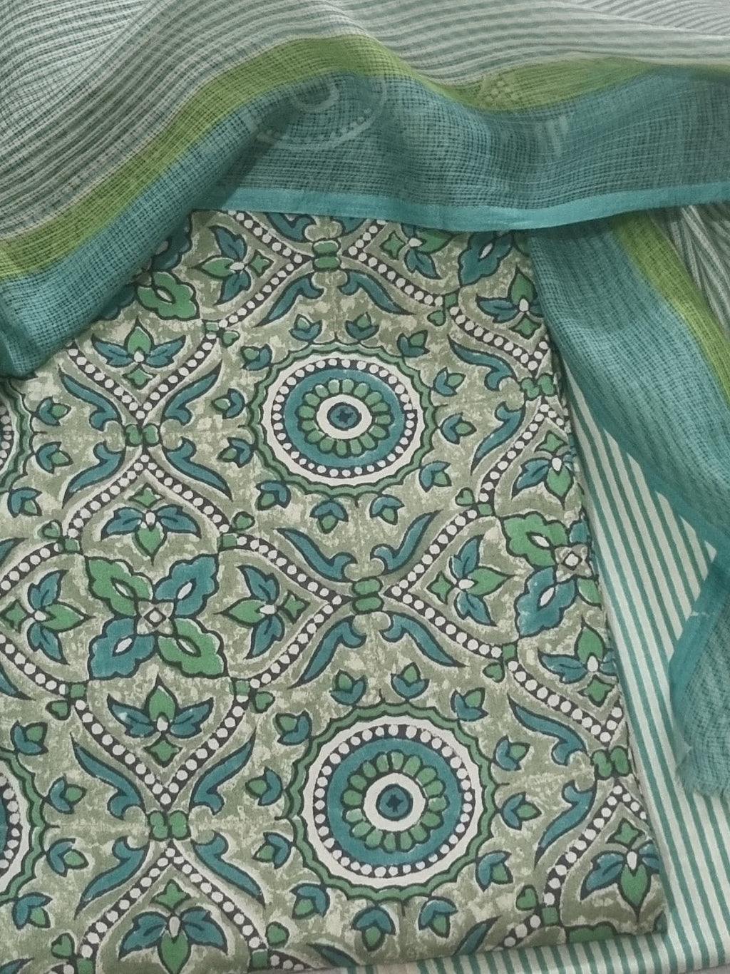 Green printed cotton salwar kameez fabric close-up – Kota Doria dupatta set