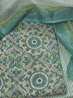 Green printed cotton salwar kameez fabric close-up – Kota Doria dupatta set