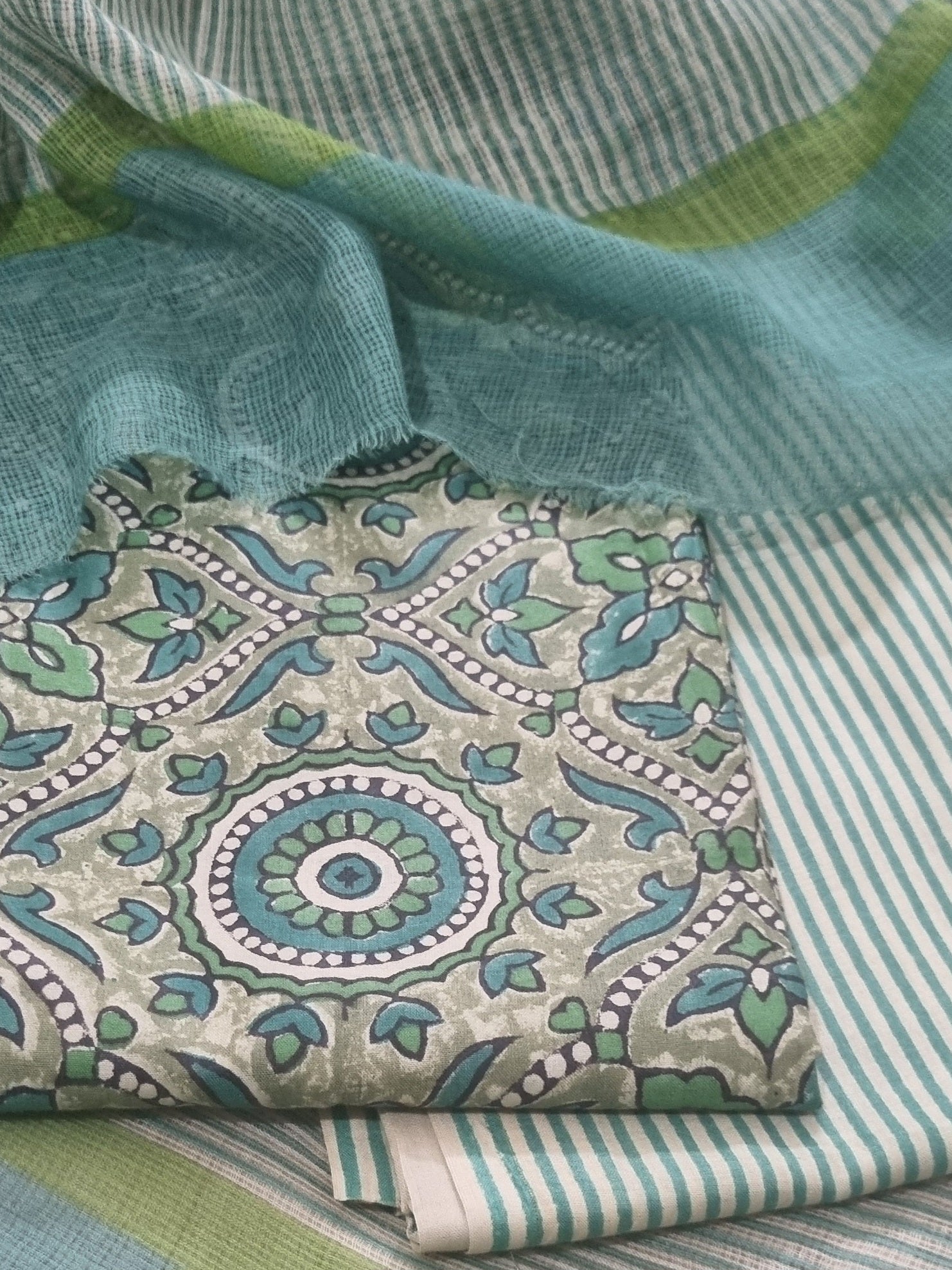 Green cotton unstitched suit set with Kota Doria dupatta – full fabric lay flat view