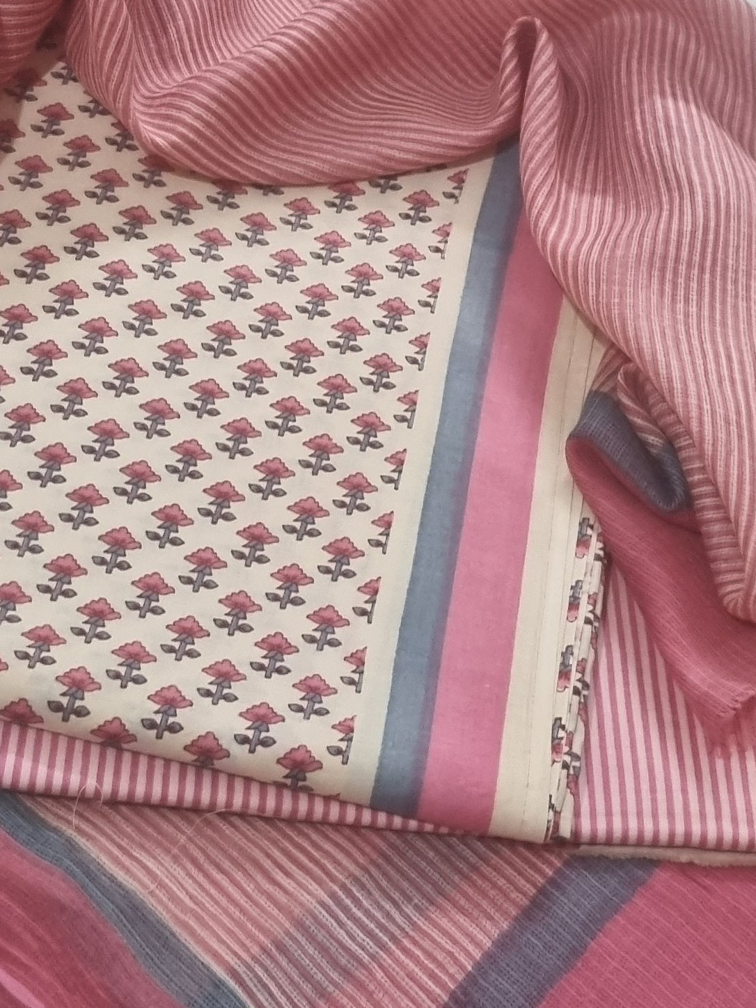 Cream & Pink Cotton Block Print 3-piece Unstitched Suit Set with Kota Doria Dupatta