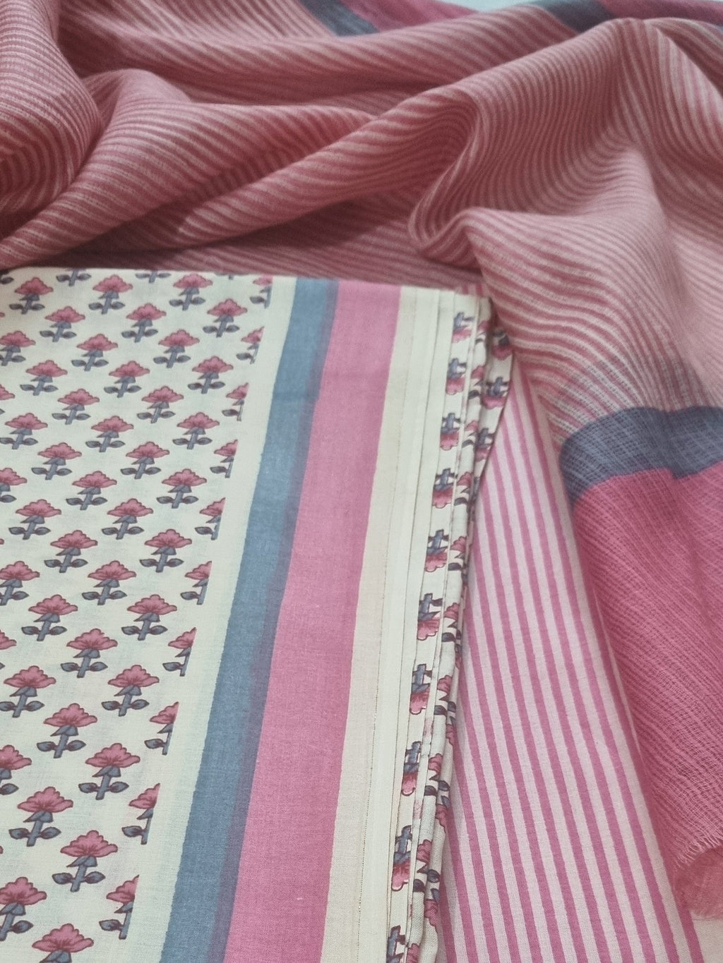 Cream & Pink Cotton Block Print 3-piece Unstitched Suit Set with Kota Doria Dupatta