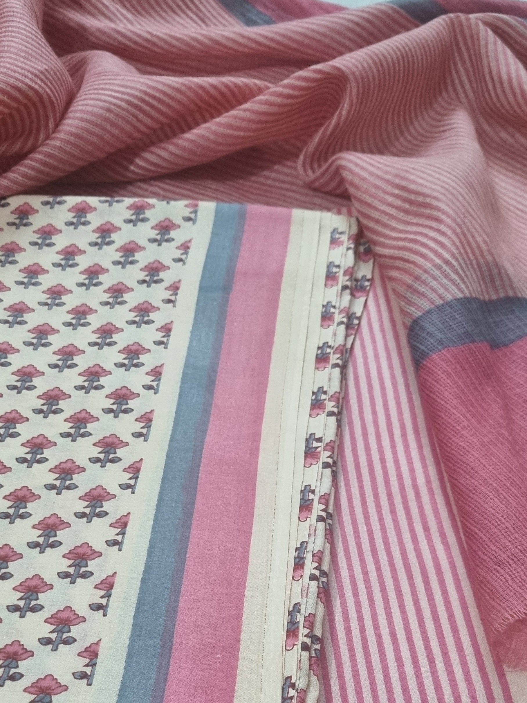 Cream & Pink Cotton Block Print 3-piece Unstitched Suit Set with Kota Doria Dupatta