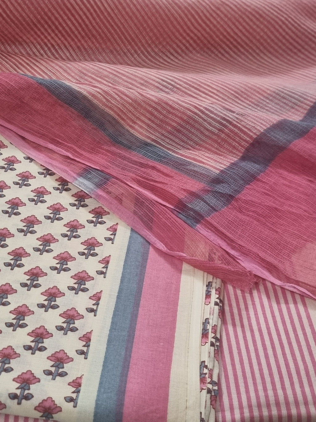 Cream & Pink Cotton Block Print 3-piece Unstitched Suit Set with Kota Doria Dupatta