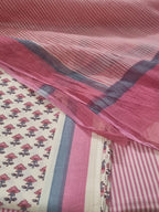 Cream & Pink Cotton Block Print 3-piece Unstitched Suit Set with Kota Doria Dupatta