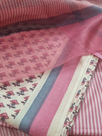Cream & Pink Cotton Block Print 3-piece Unstitched Suit Set with Kota Doria Dupatta