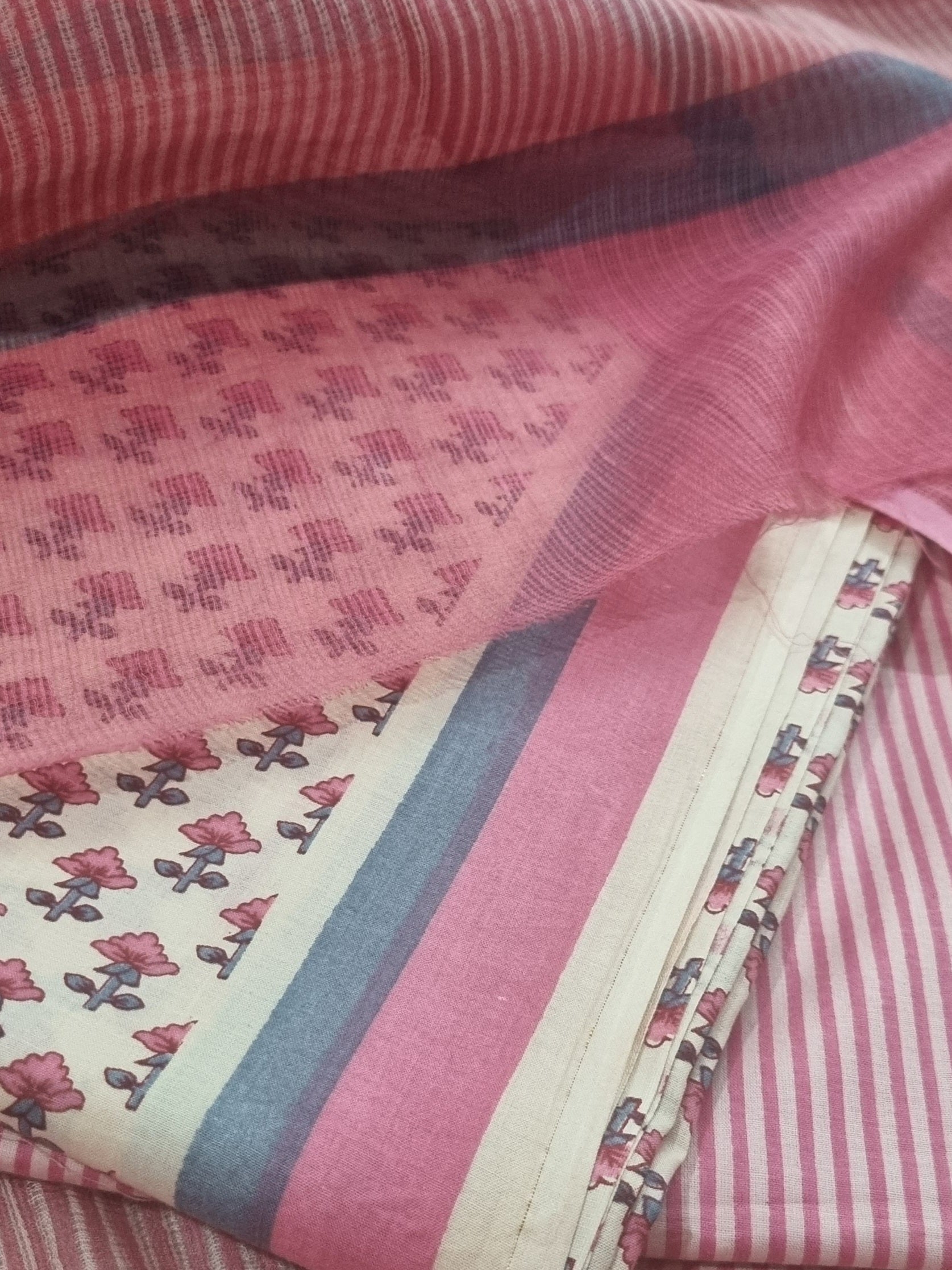 Cream & Pink Cotton Block Print 3-piece Unstitched Suit Set with Kota Doria Dupatta