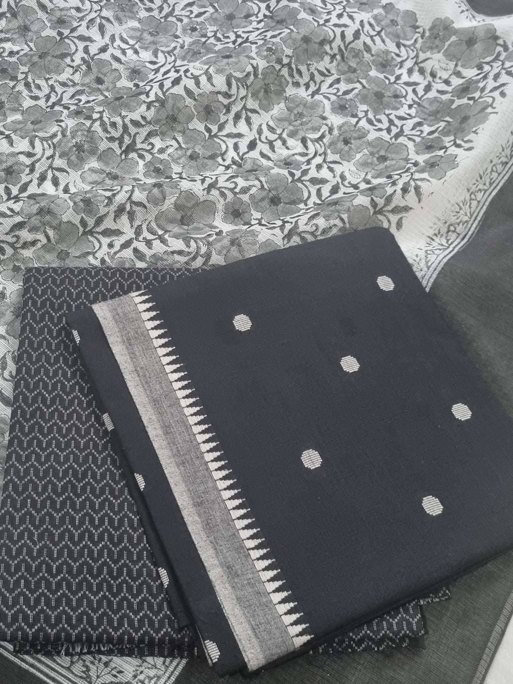 Handloom Cotton 3-Piece Unstitched Suit | Kota Doria Dupatta | Black & White | Indian Handloom | SKU 1071