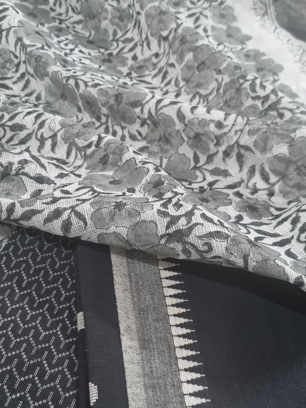 Handloom Cotton 3-Piece Unstitched Suit | Kota Doria Dupatta | Black & White | Indian Handloom | SKU 1071
