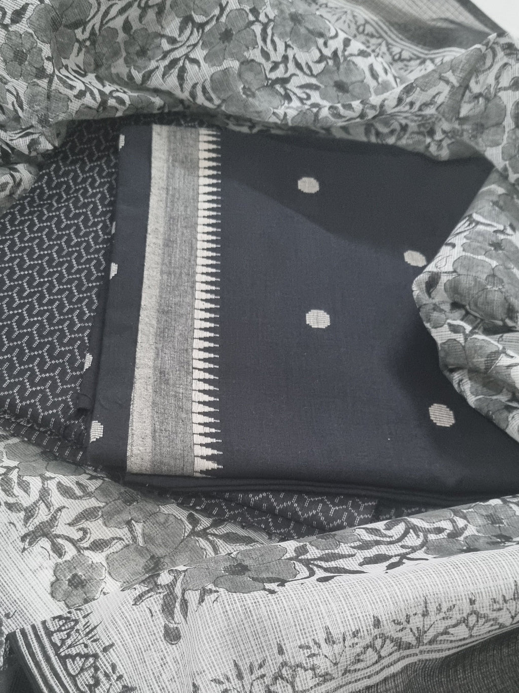 Handloom Cotton 3-Piece Unstitched Suit | Kota Doria Dupatta | Black & White | Indian Handloom | SKU 1071