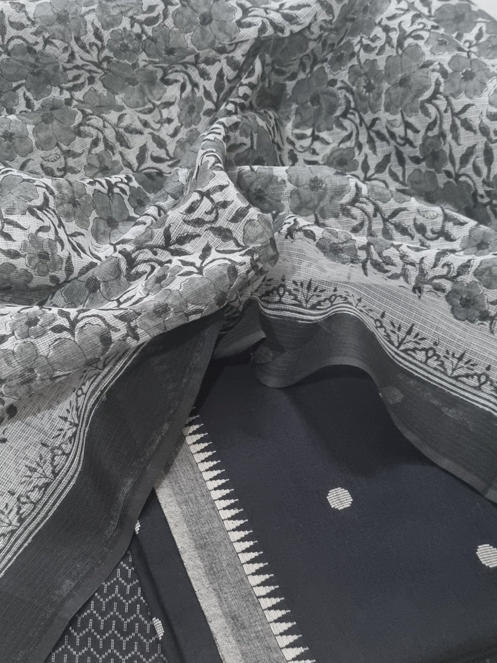 Handloom Cotton 3-Piece Unstitched Suit | Kota Doria Dupatta | Black & White | Indian Handloom | SKU 1071