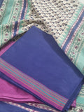 Indian handloom 3-piece unstitched suit set – blue and purple Chanderi silk dupatta detail
