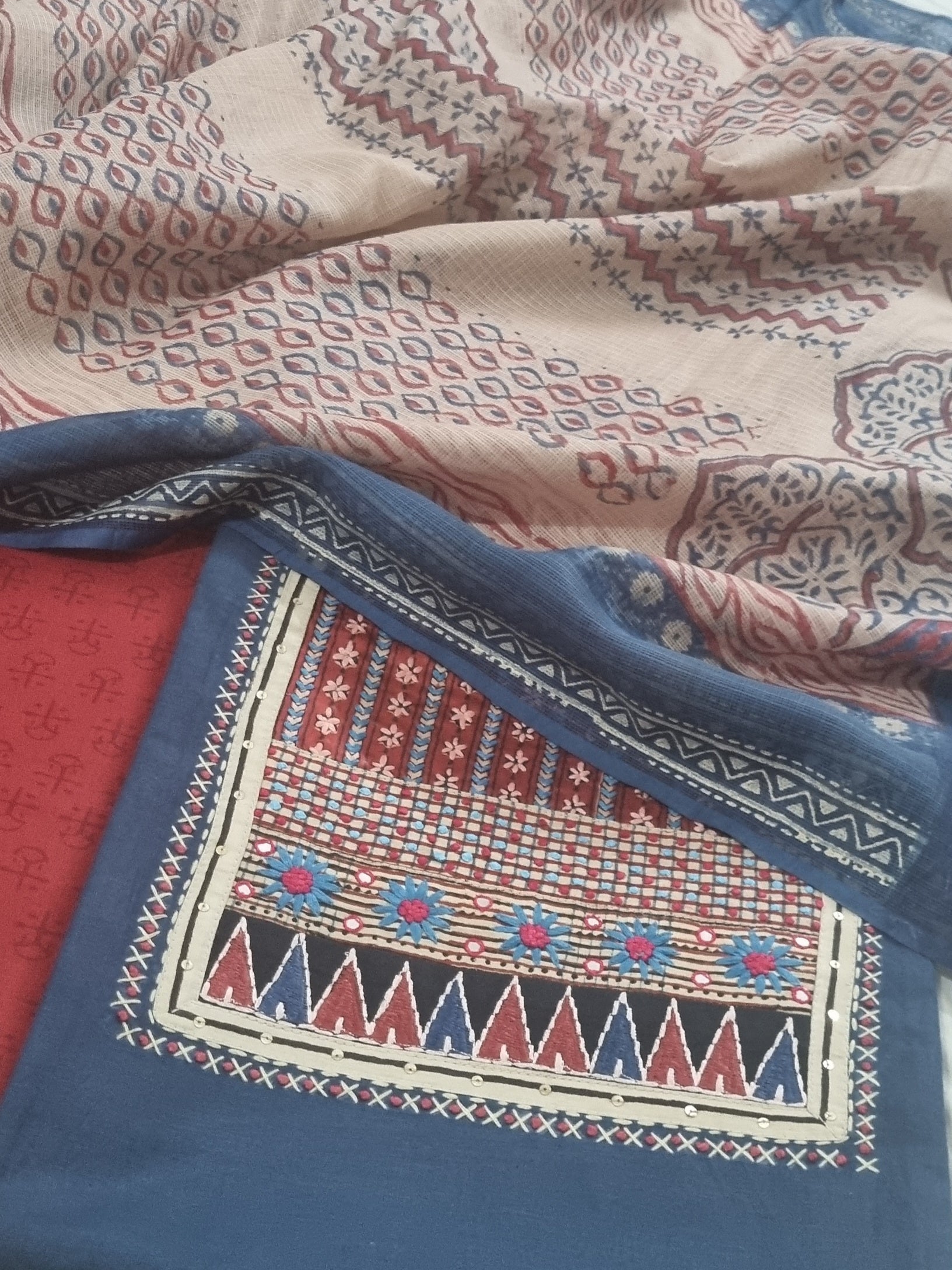 Block Printed Kota Doria Dupatta – Blue & Red – Indian Handloom