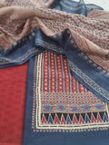 Cotton 3-Piece Unstitched Suit – Blue & Red – Front View – Indian Handloom