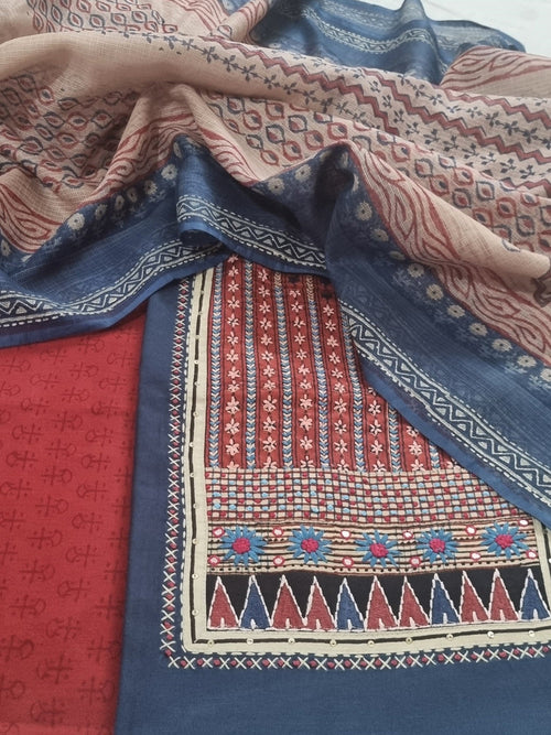 Cotton 3-Piece Unstitched Suit – Blue & Red – Front View – Indian Handloom
