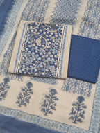 Taupe 3-piece unstitched suit set with blue patched neckline and block printed Kota Doria dupatta