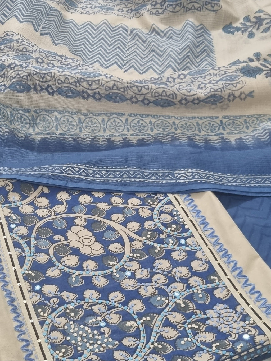 Taupe and blue 3-piece unstitched salwar suit set with block printed Kota Doria dupatta – side view