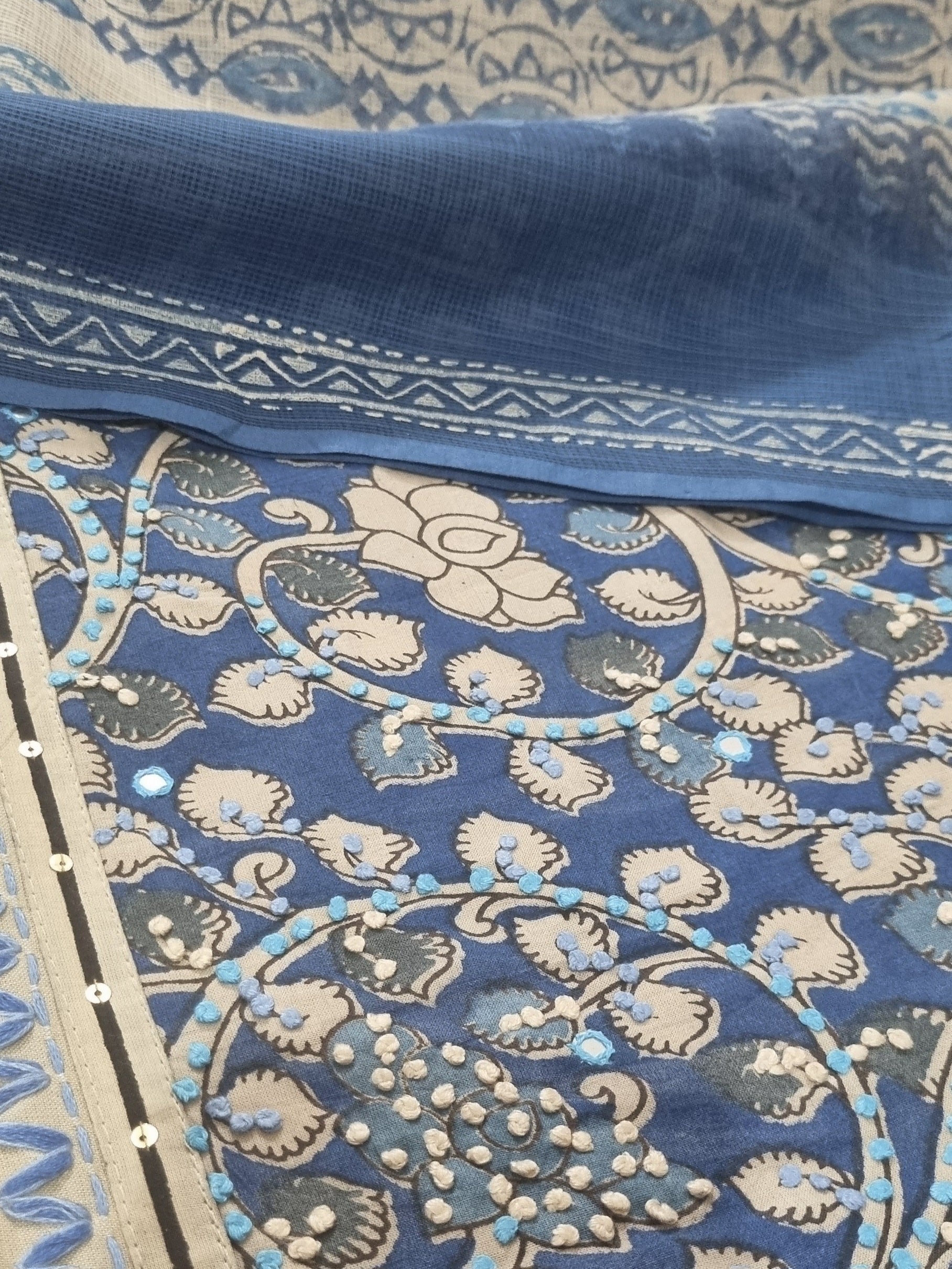 Indian handloom 3-piece unstitched suit set in Taupe with blue block print and Kota Doria dupatta
