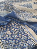 Block printed Kota Doria dupatta paired with Taupe and blue unstitched salwar suit set