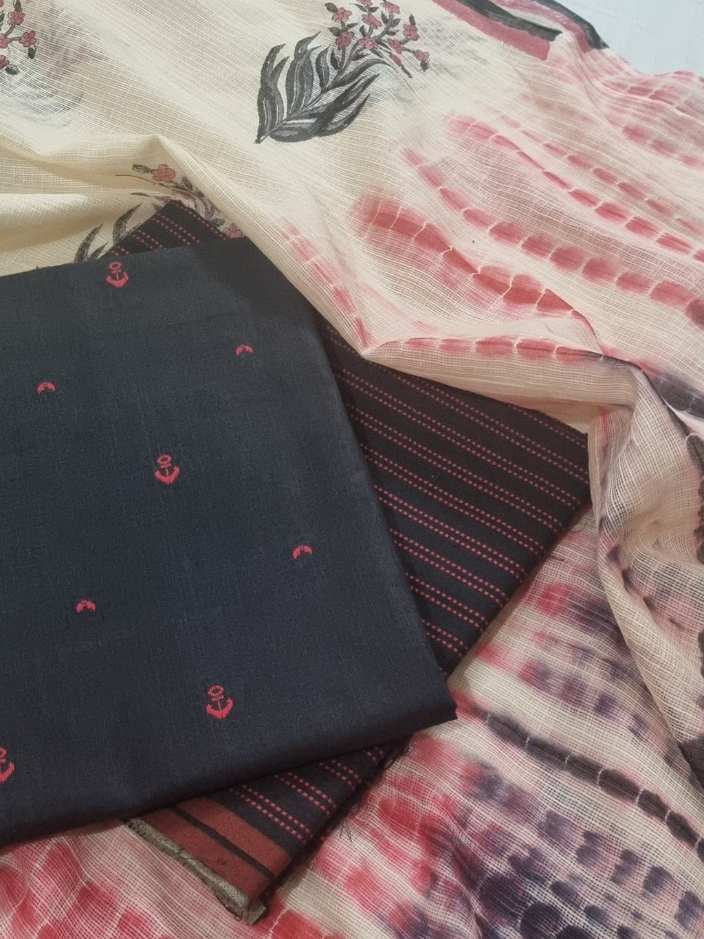 Handloom Cotton 3-Piece Unstitched Suit | Kota Doria Dupatta | Black & Red | Indian Handloom | SKU 1070