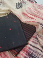 Handloom Cotton 3-Piece Unstitched Suit | Kota Doria Dupatta | Black & Red | Indian Handloom | SKU 1070